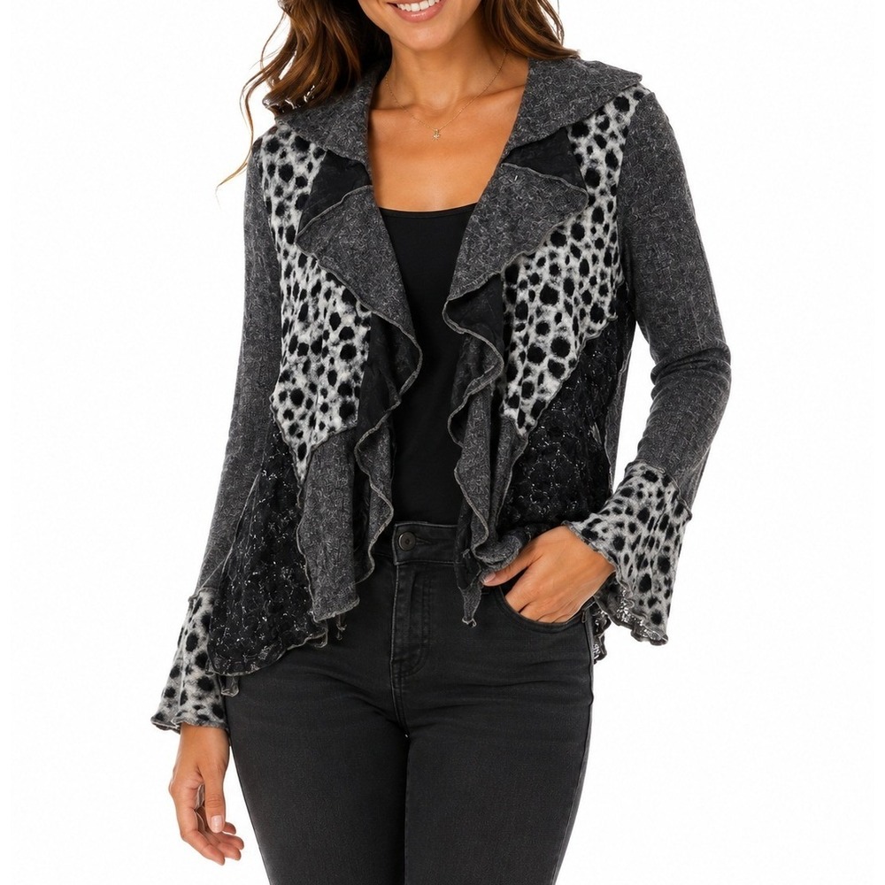 Hugging Kisses Black Mixed Media Leopard Print Ruffled Button Cardigan Size XL‎